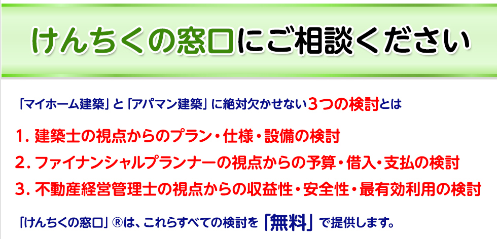 けんちくの窓口にご相談ください
「マイホーム建築」と「アパマン建築」に絶対欠かせない３つの検討とは

１．建築士の視点からのプラン・仕様・設備の検討
２．ファイナンシャルプランナーの視点からの予算・借入・支払の検討
３．不動産経営管理士の視点からの収益性・安全性・最有効利用の検討

「けんちくの窓口」®は、これらすべての検討を「無料」で提供します。
